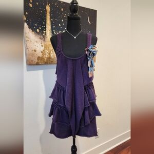 Womens Purple Ruffle Tiered Wool Knit Scoop Neck Dress with Floral Accent